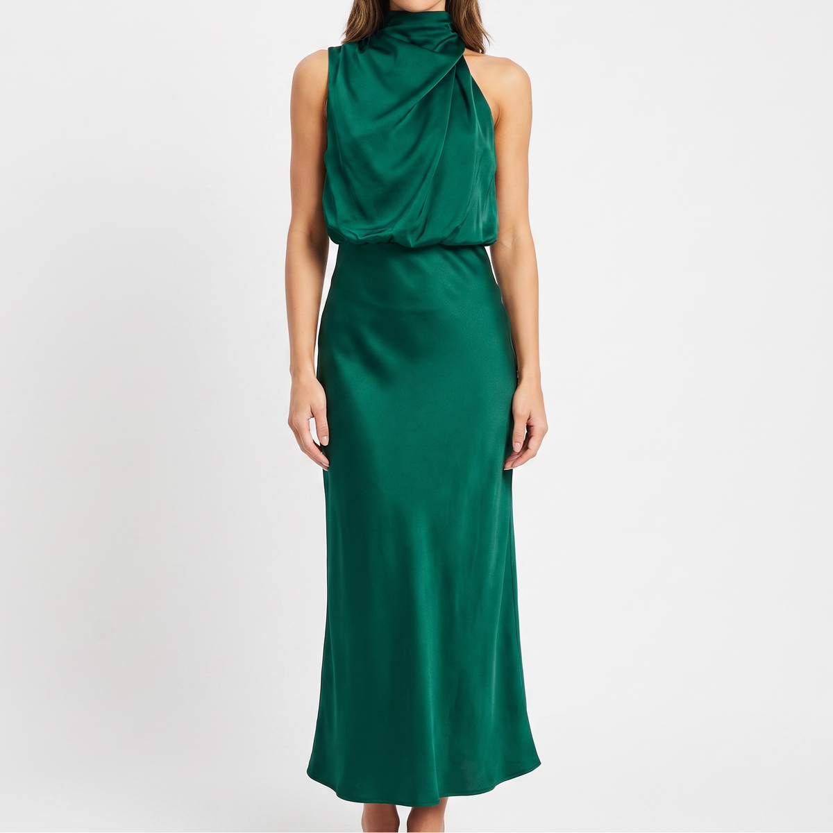 Women's Satin Slip Dress Halter Neck Draped Bodice Bias Cut Midi