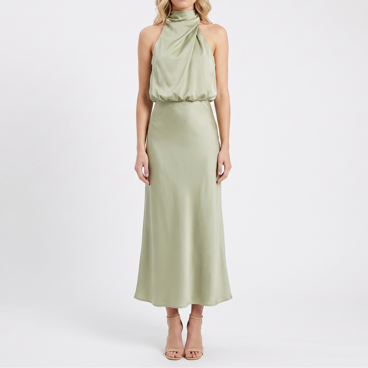 Women's Satin Slip Dress Halter Neck Draped Bodice Bias Cut Midi