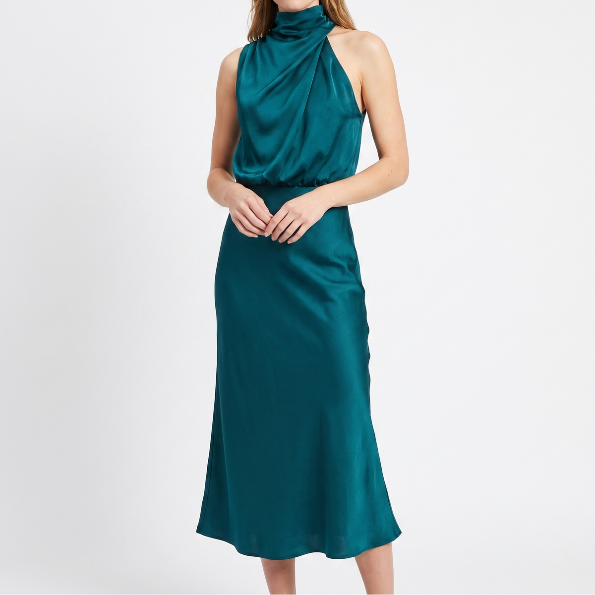 Women's Satin Slip Dress Halter Neck Draped Bodice Bias Cut Midi