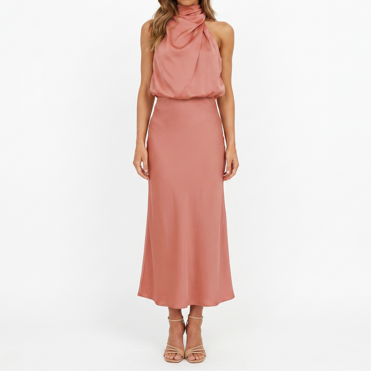 Women's Satin Slip Dress Halter Neck Draped Bodice Bias Cut Midi