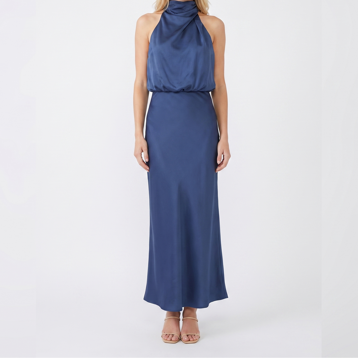 Women's Satin Slip Dress Halter Neck Draped Bodice Bias Cut Midi