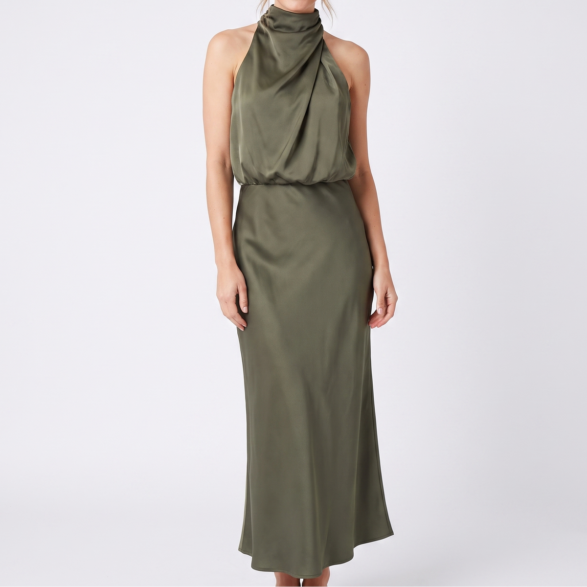 Women's Satin Slip Dress Halter Neck Draped Bodice Bias Cut Midi