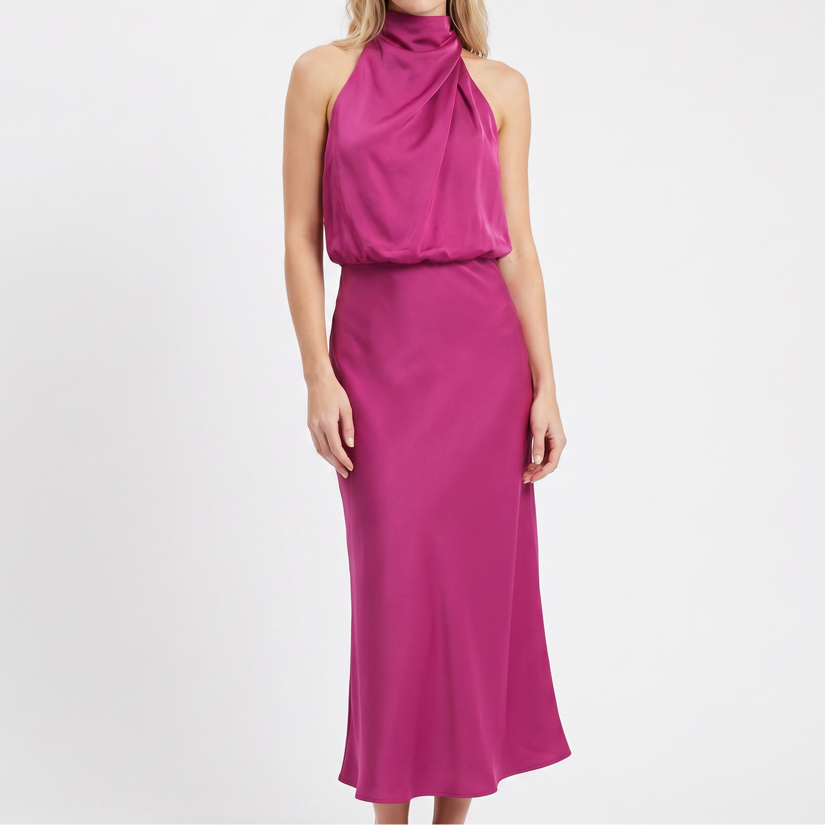 Women's Satin Slip Dress Halter Neck Draped Bodice Bias Cut Midi