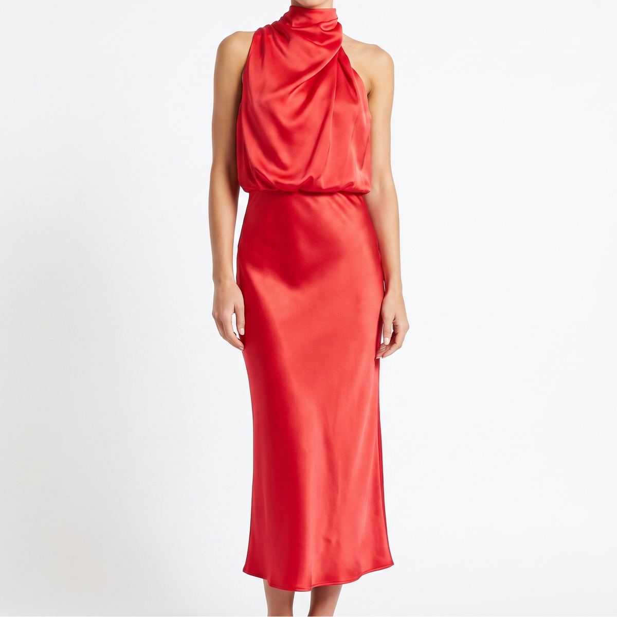 Women's Satin Slip Dress Halter Neck Draped Bodice Bias Cut Midi