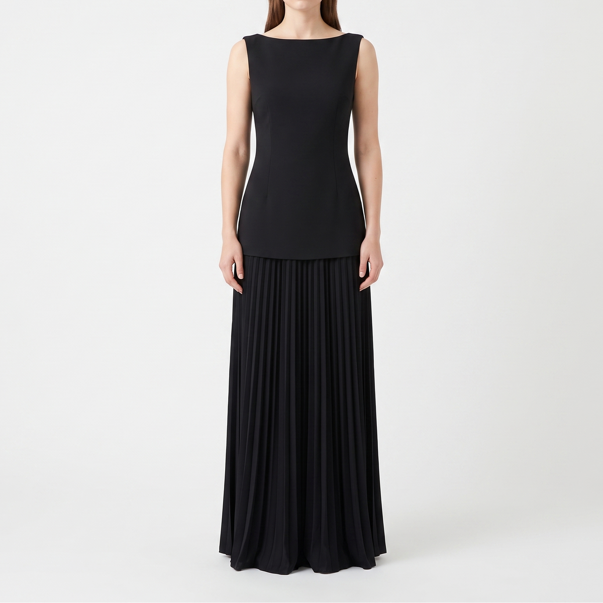 Women's Boat Neck Maxi Dress Pleated Skirt Sleeveless Formal Gown