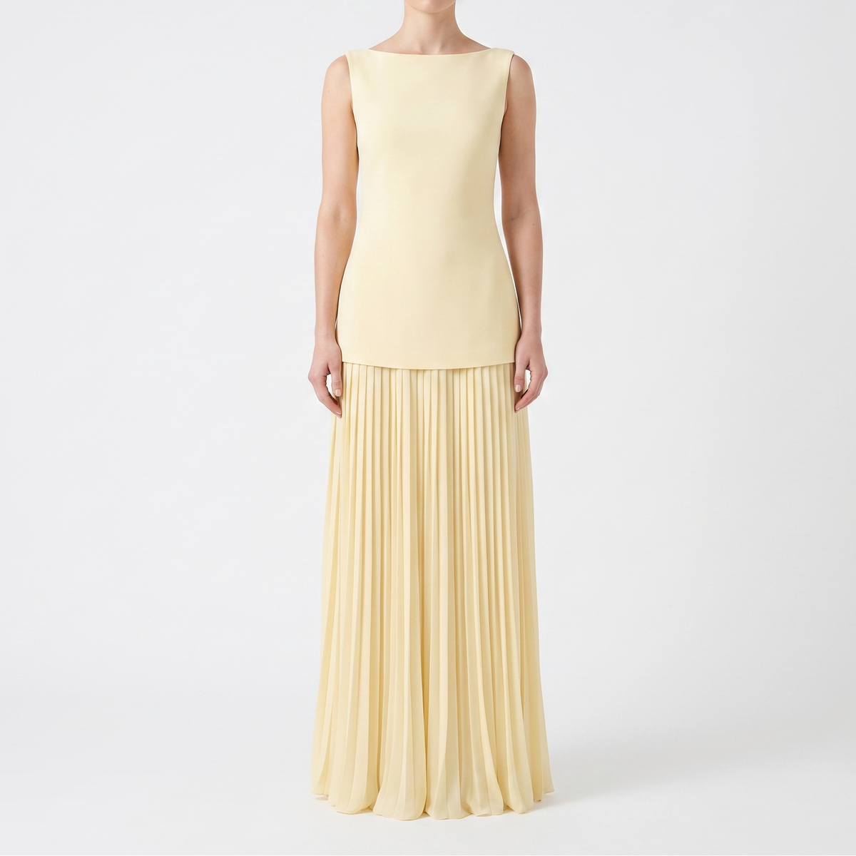 Women's Boat Neck Maxi Dress Pleated Skirt Sleeveless Formal Gown