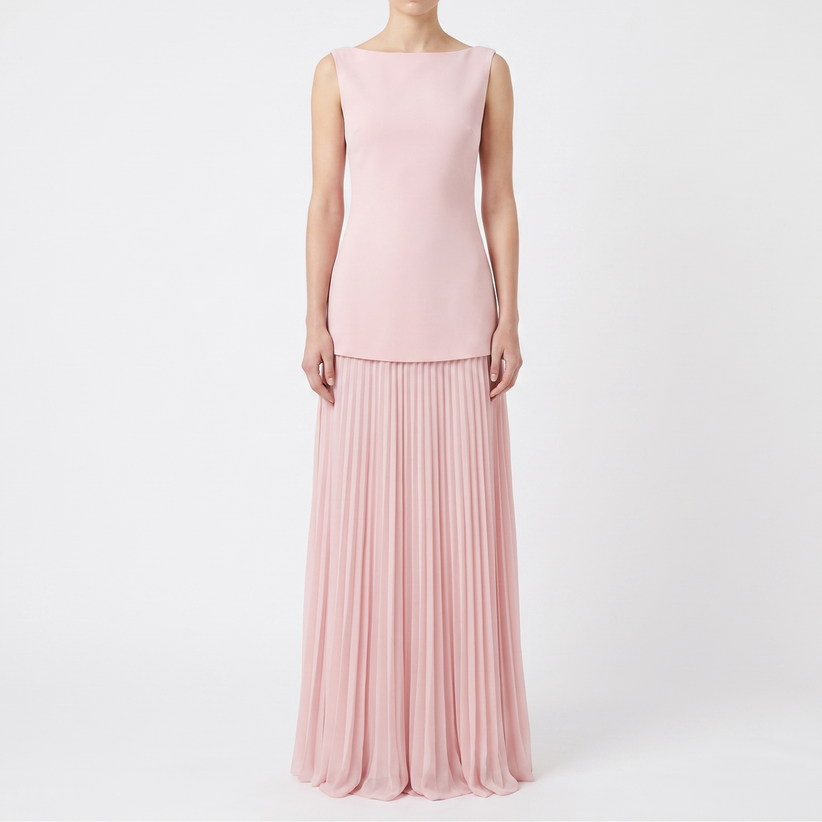 Women's Boat Neck Maxi Dress Pleated Skirt Sleeveless Formal Gown
