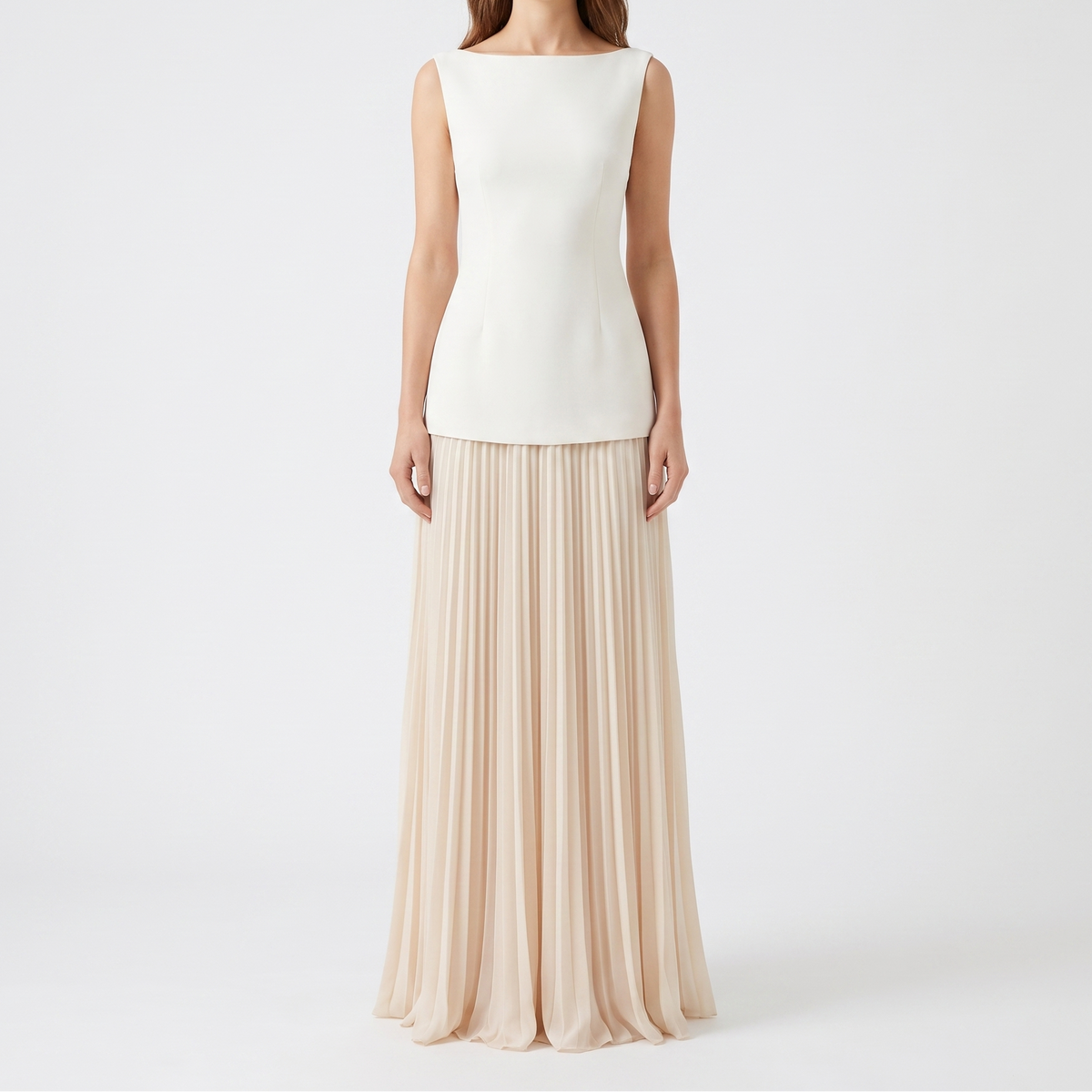 Women's Boat Neck Maxi Dress Pleated Skirt Sleeveless Formal Gown
