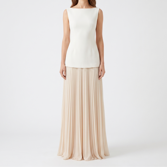 Women's Boat Neck Maxi Dress Pleated Skirt Sleeveless Formal Gown