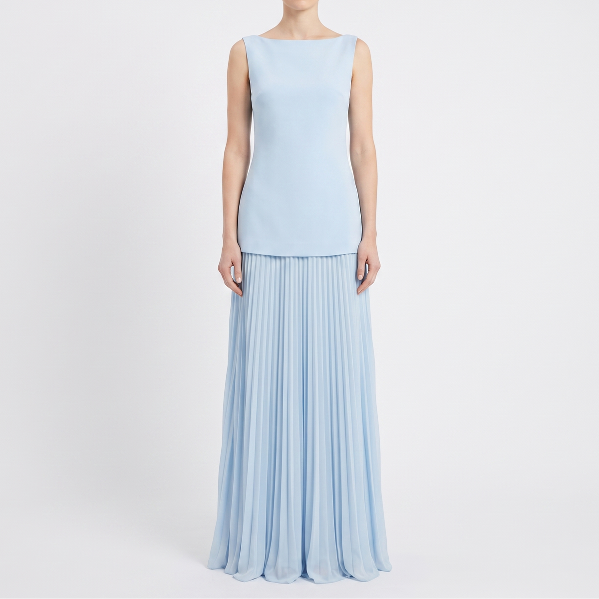 Women's Boat Neck Maxi Dress Pleated Skirt Sleeveless Formal Gown
