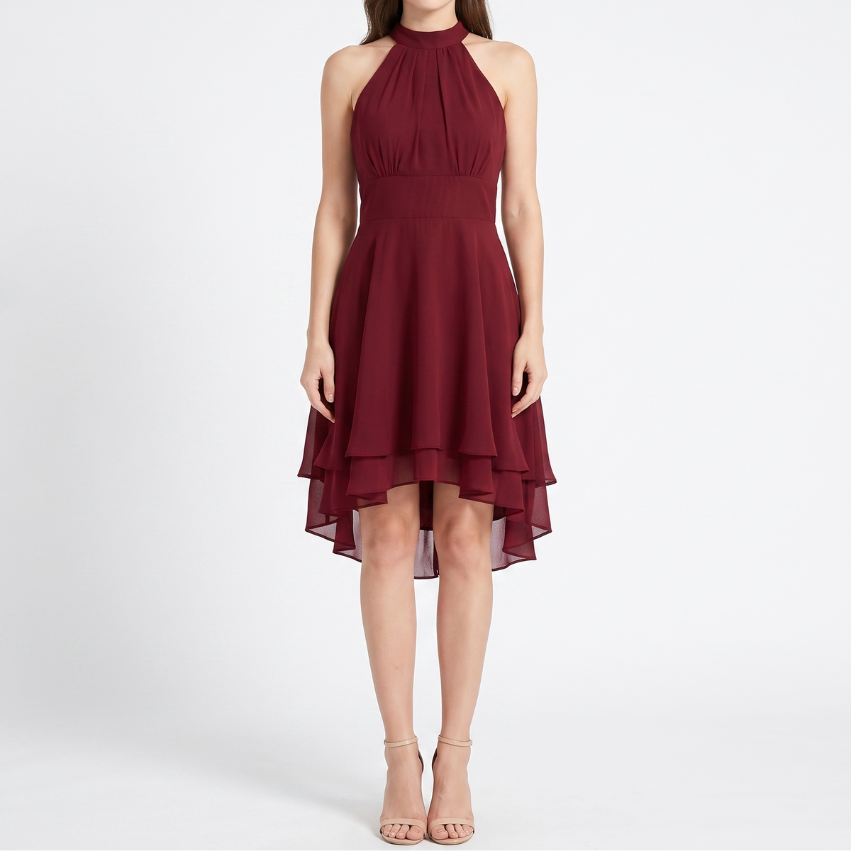 Women's Halter Neck Chiffon Dress High Low Hem Cocktail Party