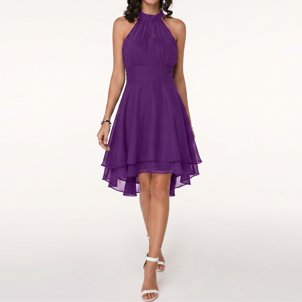 Women's Halter Neck Chiffon Dress High Low Hem Cocktail Party