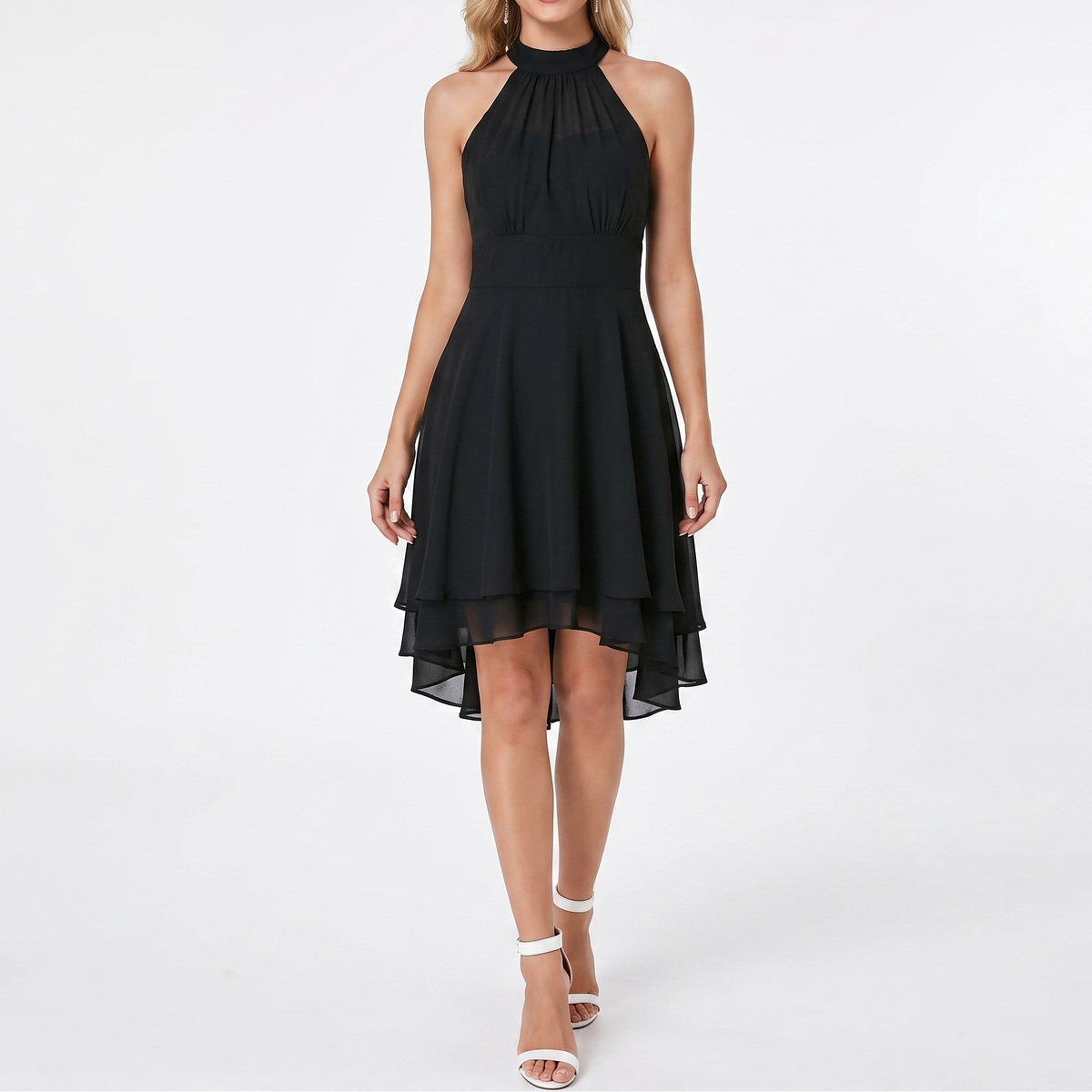 Women's Halter Neck Chiffon Dress High Low Hem Cocktail Party