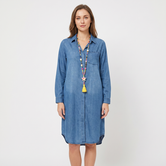 Women's Denim Shirt Dress Long Sleeve Button Front Collared Casual