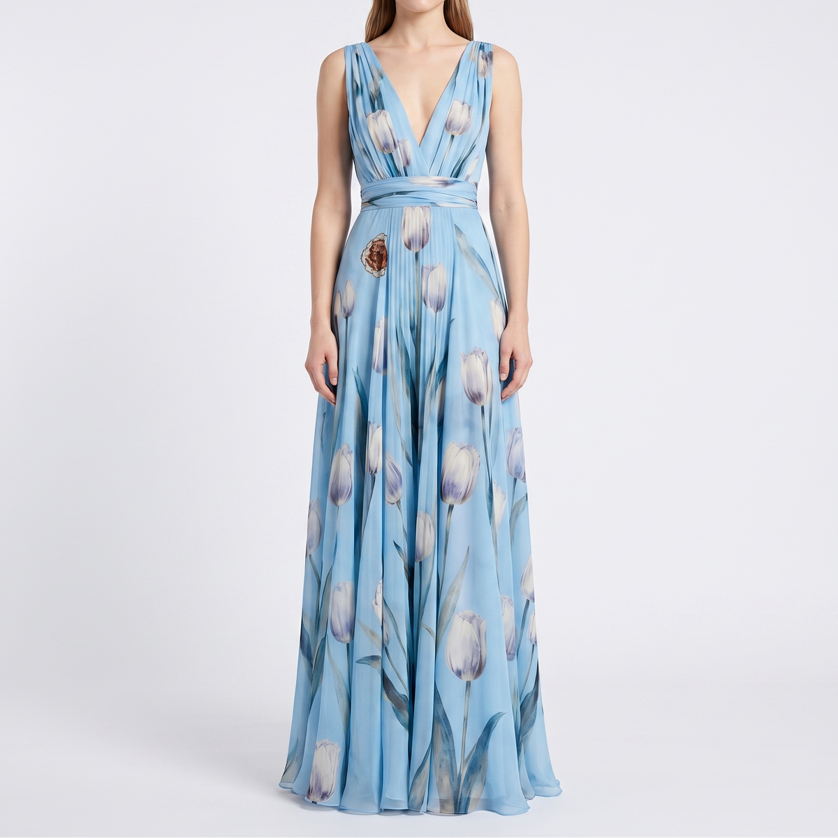 Women's Floral Maxi Dress Chiffon V Neck Sleeveless Formal Gown