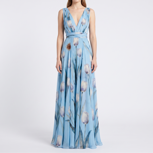 Women's Floral Maxi Dress Chiffon V Neck Sleeveless Formal Gown