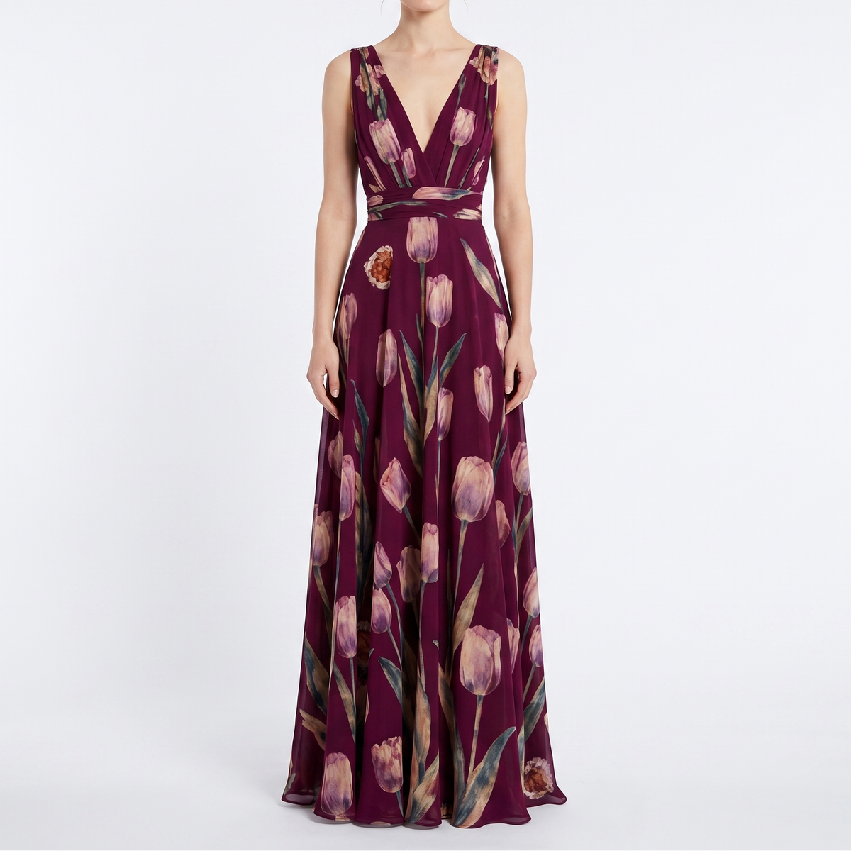 Women's Floral Maxi Dress Chiffon V Neck Sleeveless Formal Gown