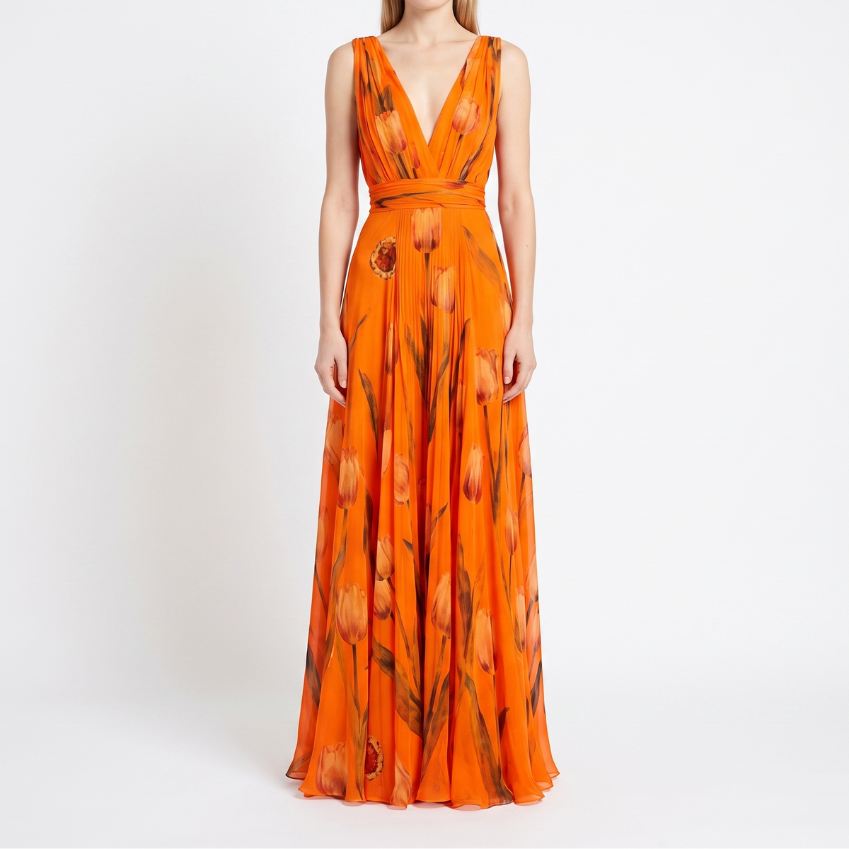 Women's Floral Maxi Dress Chiffon V Neck Sleeveless Formal Gown