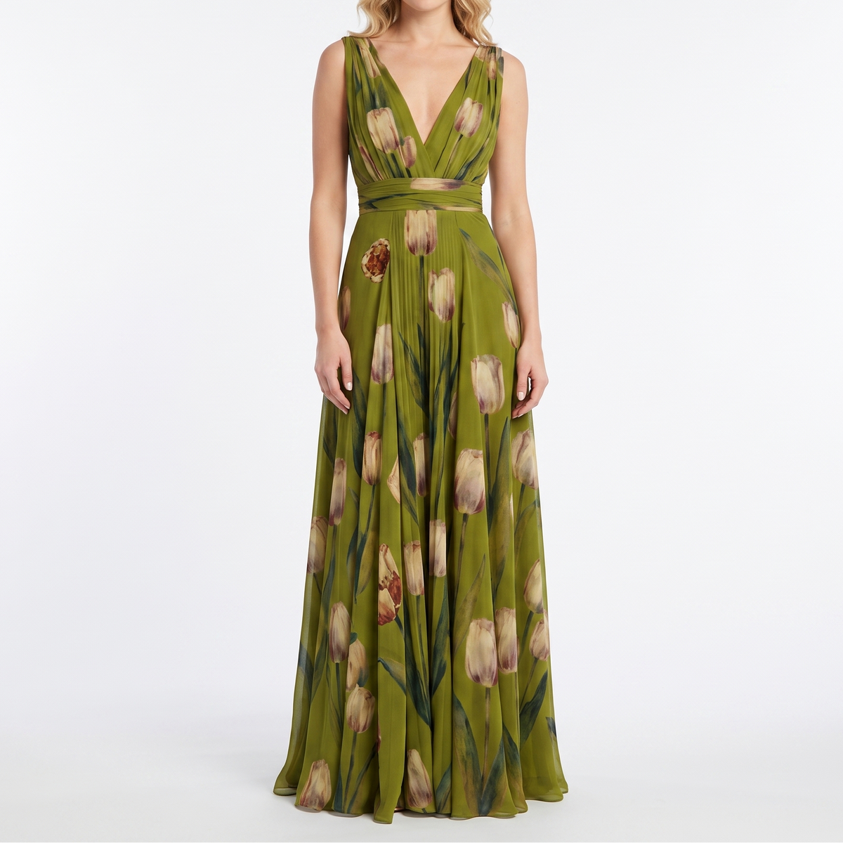 Women's Floral Maxi Dress Chiffon V Neck Sleeveless Formal Gown