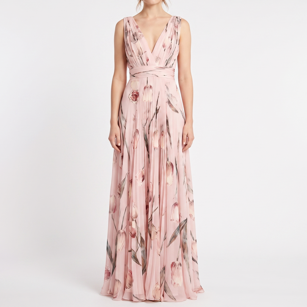 Women's Floral Maxi Dress Chiffon V Neck Sleeveless Formal Gown