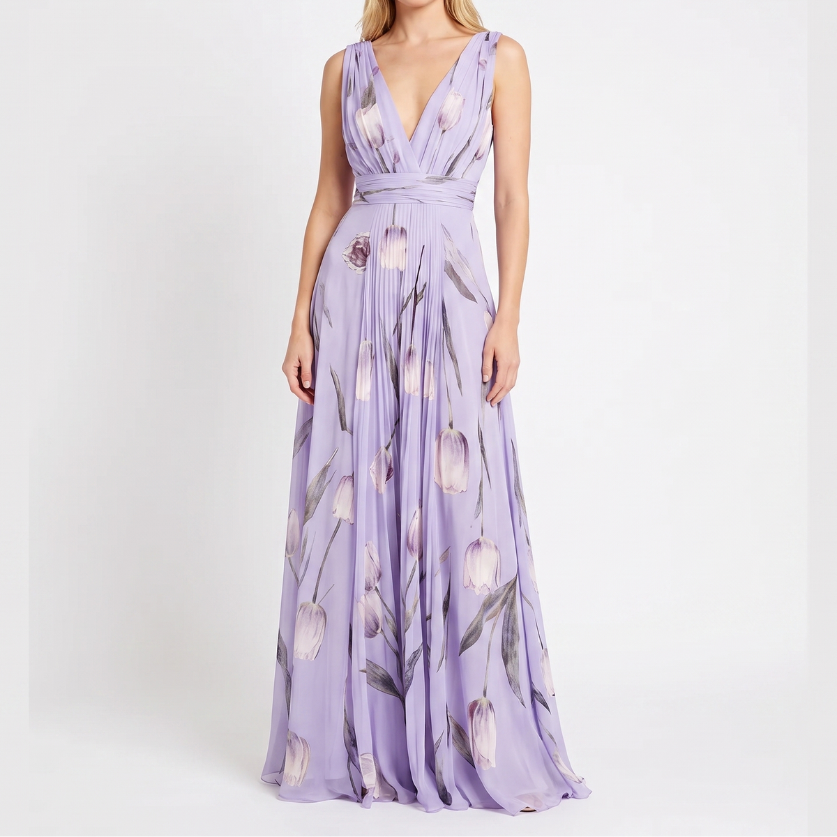 Women's Floral Maxi Dress Chiffon V Neck Sleeveless Formal Gown