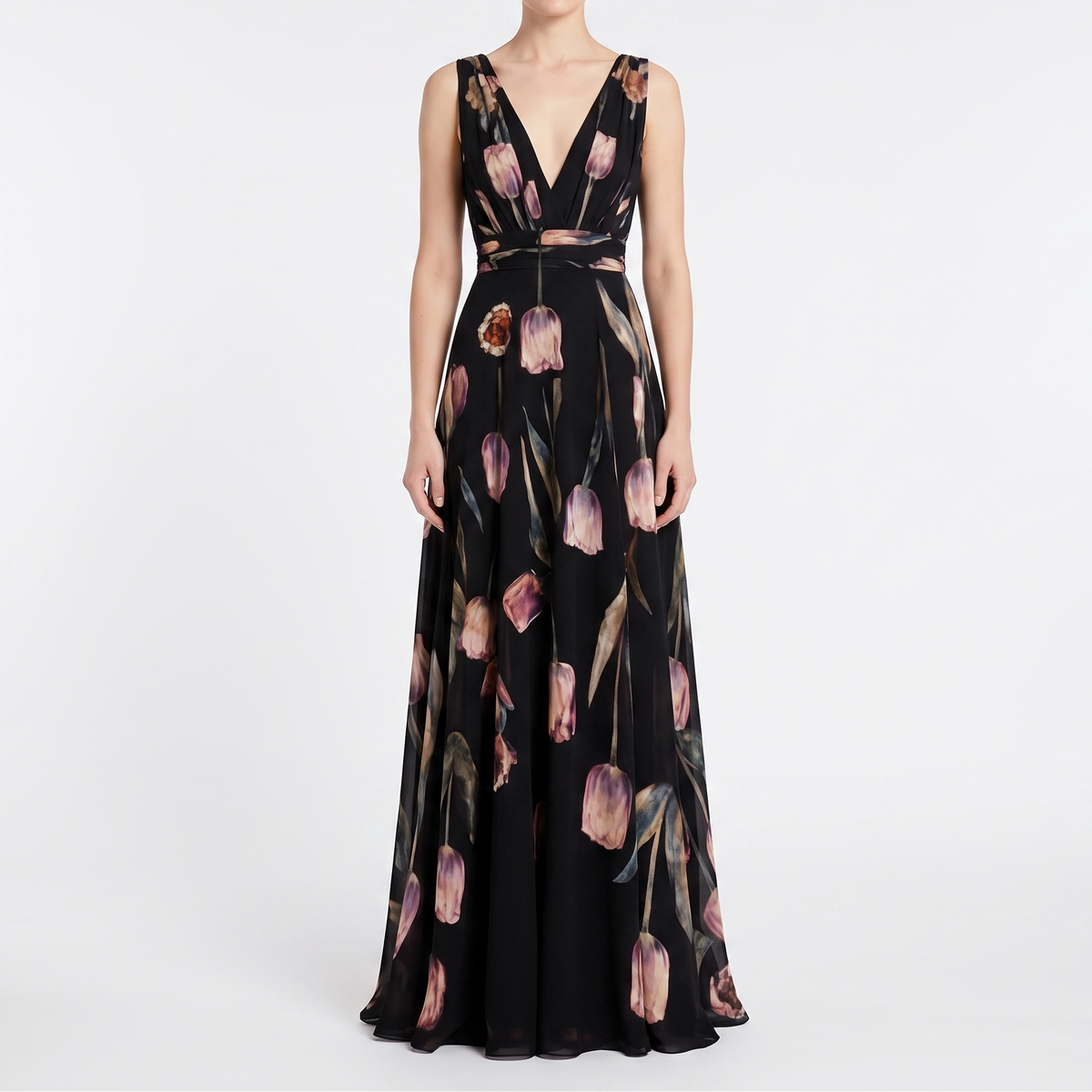 Women's Floral Maxi Dress Chiffon V Neck Sleeveless Formal Gown