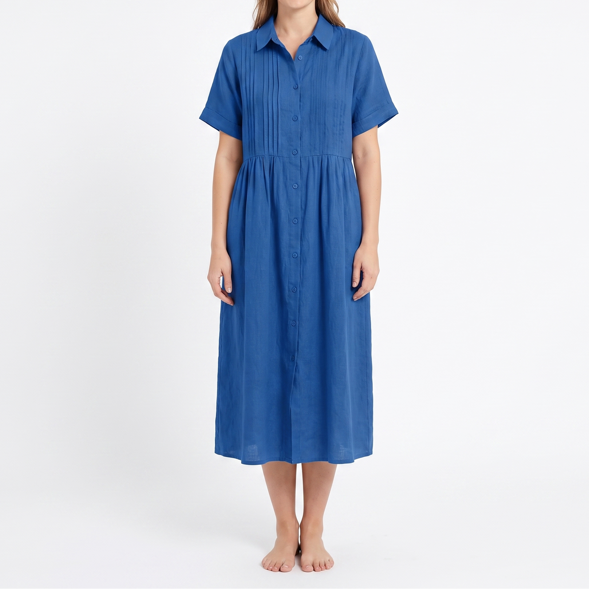 Women's Linen Shirt Dress Pintuck Button Front Short Sleeve Midi