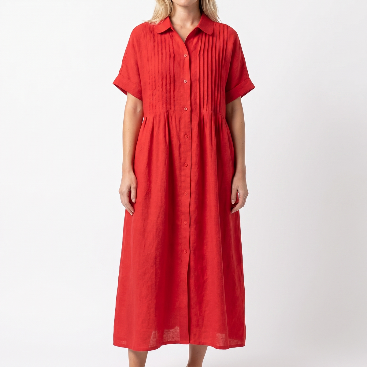 Women's Linen Shirt Dress Pintuck Button Front Short Sleeve Midi