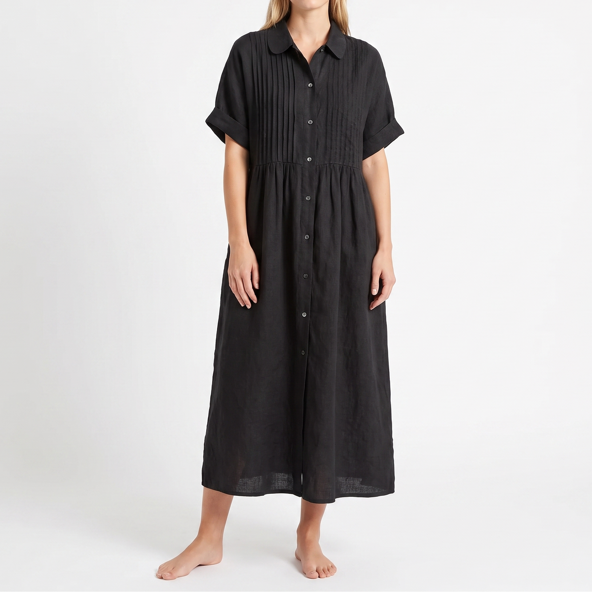 Women's Linen Shirt Dress Pintuck Button Front Short Sleeve Midi