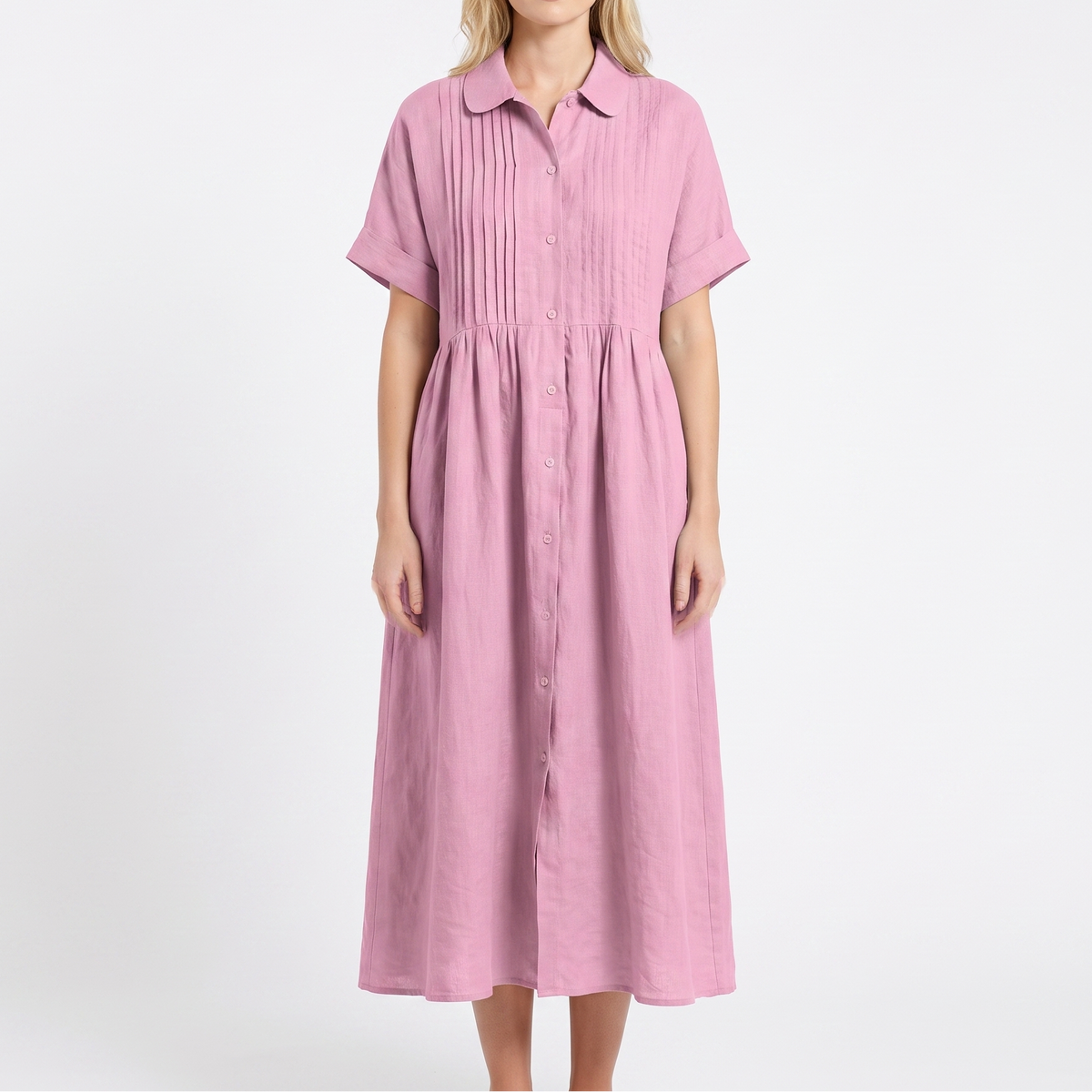 Women's Linen Shirt Dress Pintuck Button Front Short Sleeve Midi