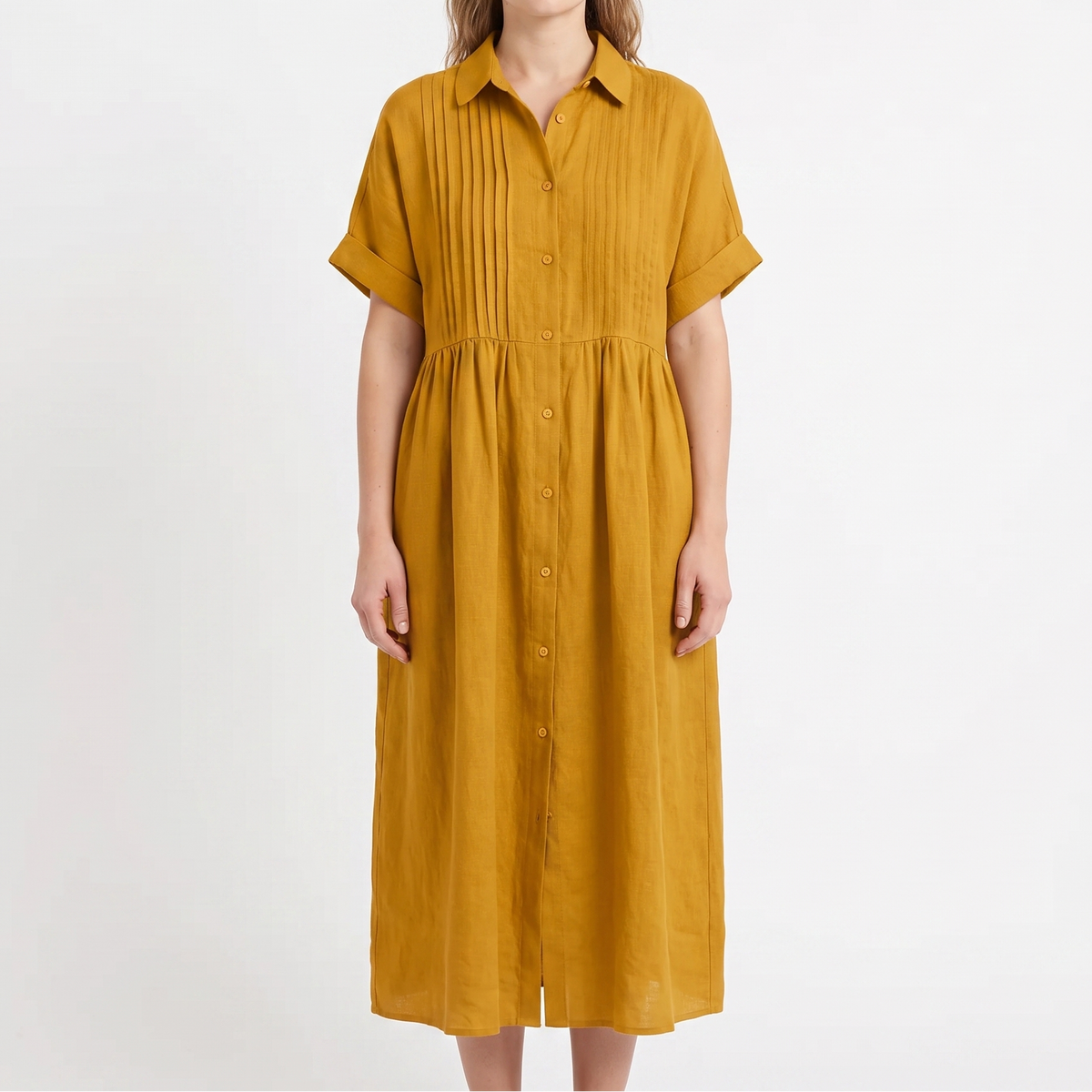Women's Linen Shirt Dress Pintuck Button Front Short Sleeve Midi