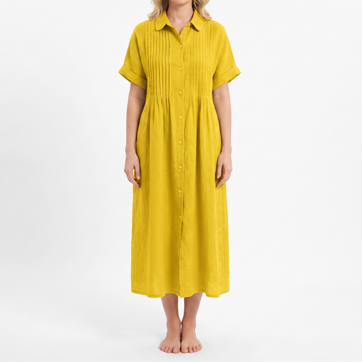 Women's Linen Shirt Dress Pintuck Button Front Short Sleeve Midi