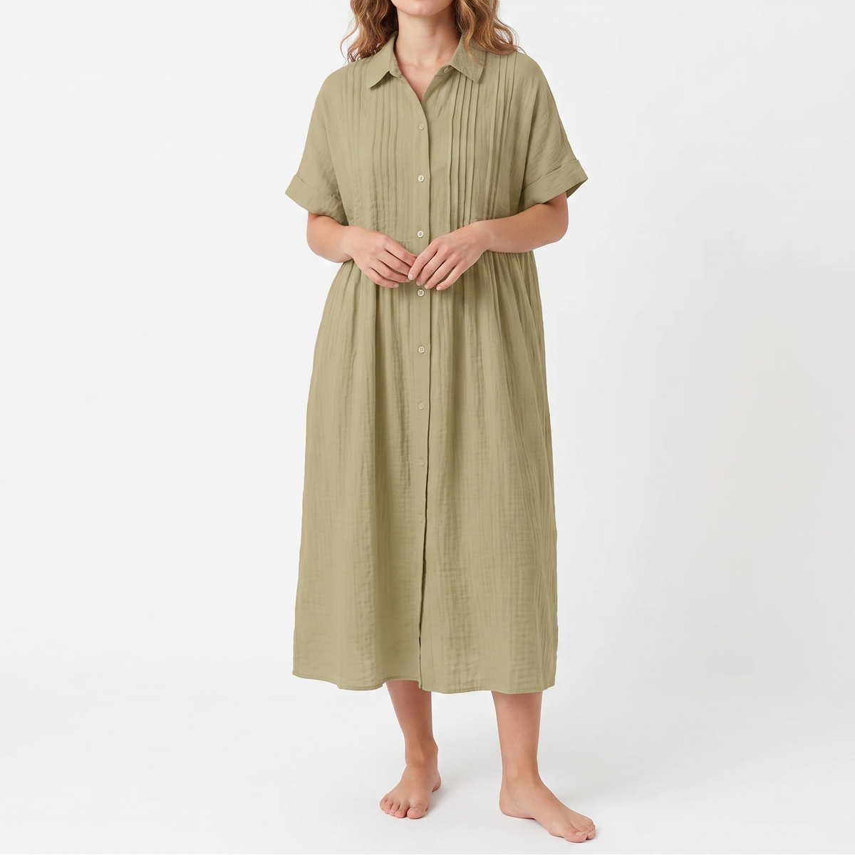 Women's Linen Shirt Dress Pintuck Button Front Short Sleeve Midi