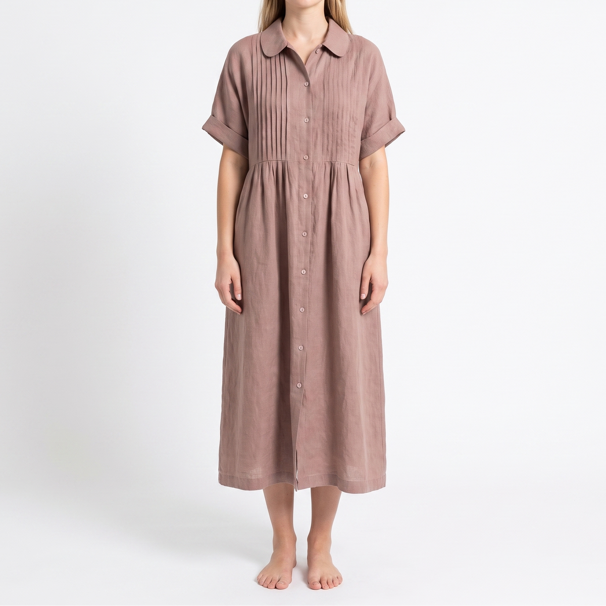 Women's Linen Shirt Dress Pintuck Button Front Short Sleeve Midi