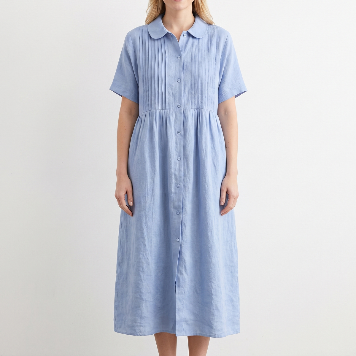 Women's Linen Shirt Dress Pintuck Button Front Short Sleeve Midi