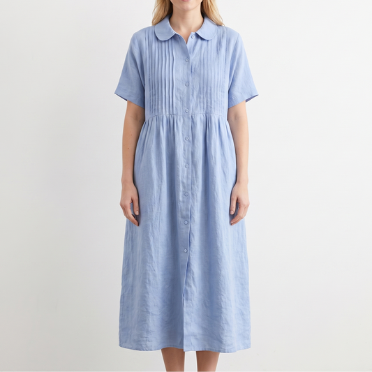 Women's Linen Shirt Dress Pintuck Button Front Short Sleeve Midi