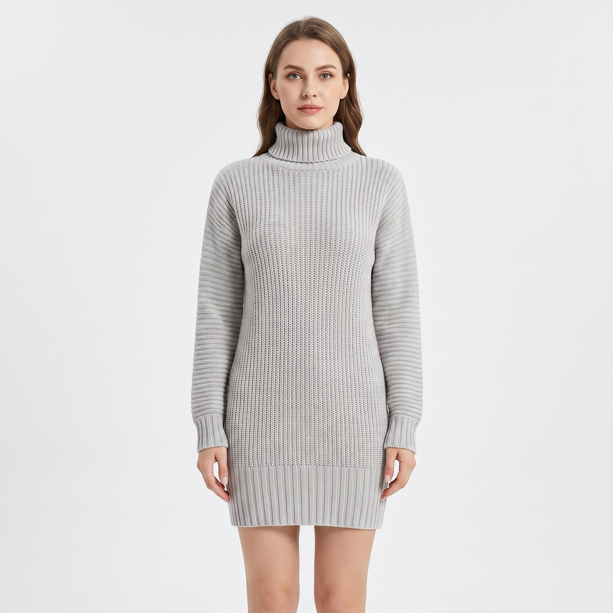 Women's Ribbed Knit Sweater Dress Mock Neck Mini Dress