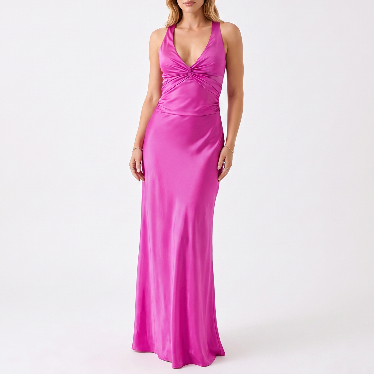 Women's Maxi Dress Twist Front Deep V Neck Sleeveless Bodycon Slip