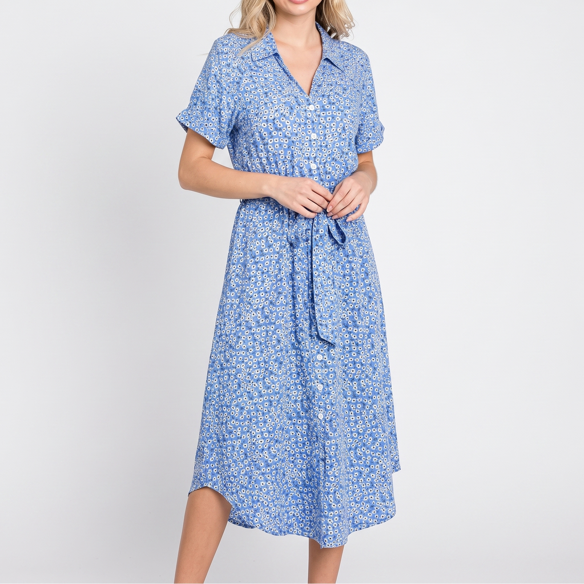 Women's Floral Shirt Dress Button Front Short Sleeve Tie Waist Midi