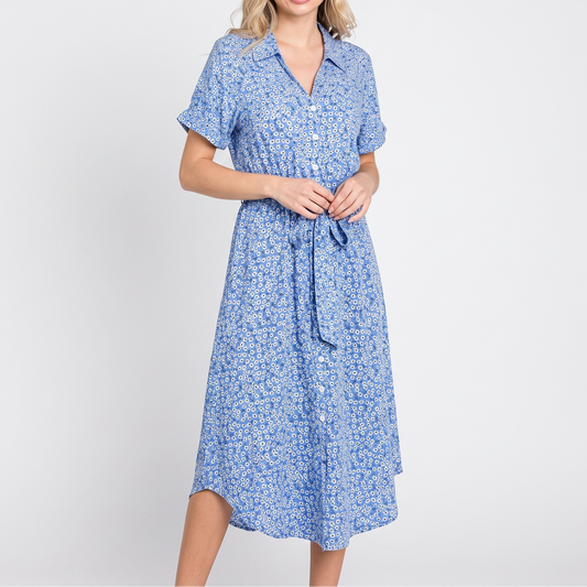 Women's Floral Shirt Dress Button Front Short Sleeve Tie Waist Midi