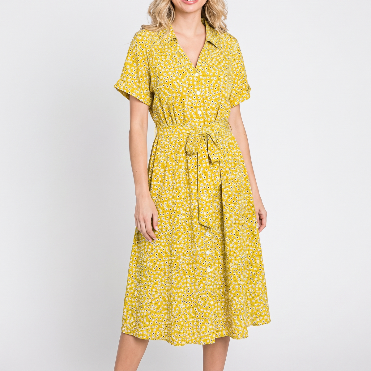 Women's Floral Shirt Dress Button Front Short Sleeve Tie Waist Midi