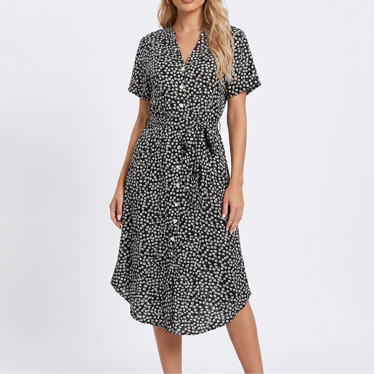 Women's Floral Shirt Dress Button Front Short Sleeve Tie Waist Midi