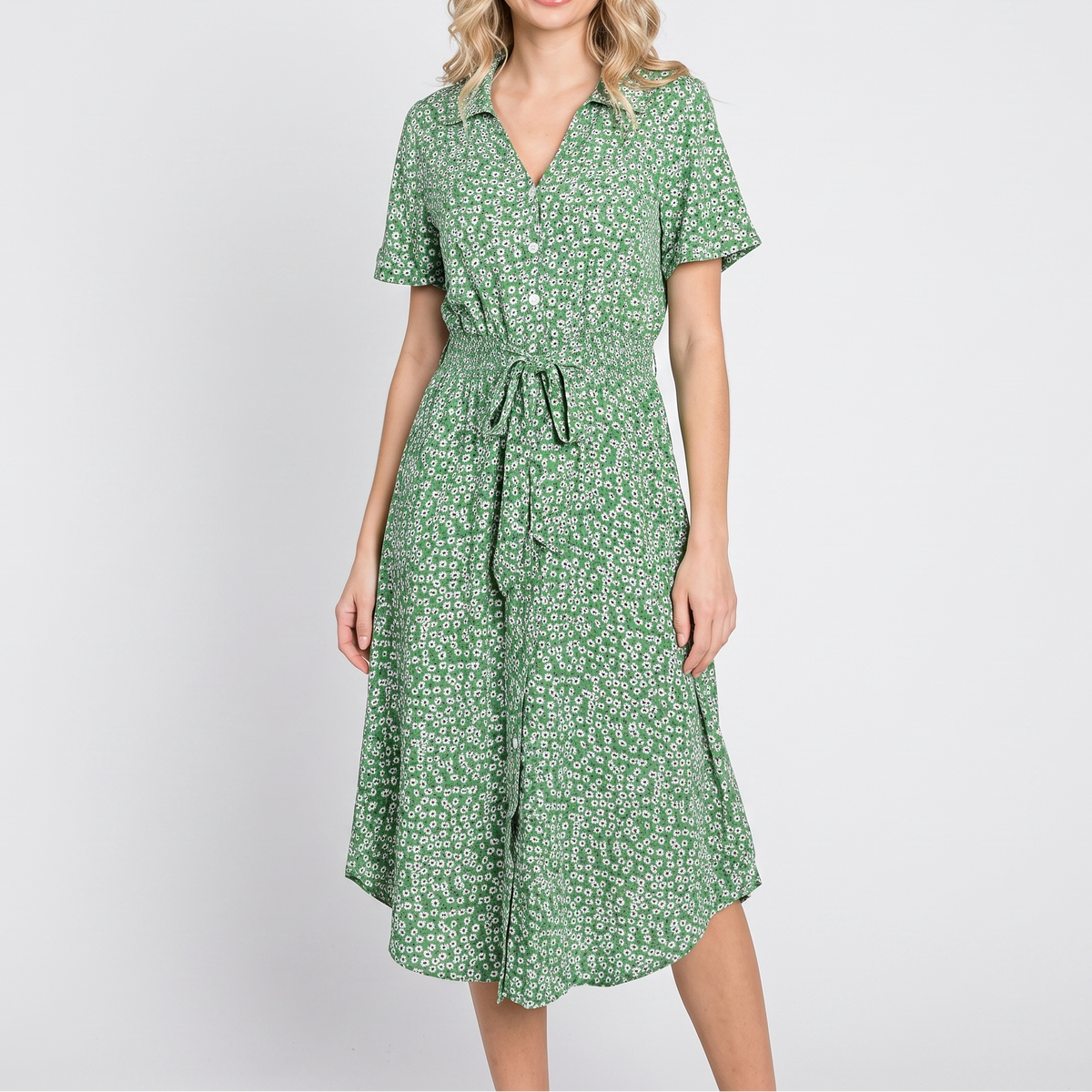 Women's Floral Shirt Dress Button Front Short Sleeve Tie Waist Midi