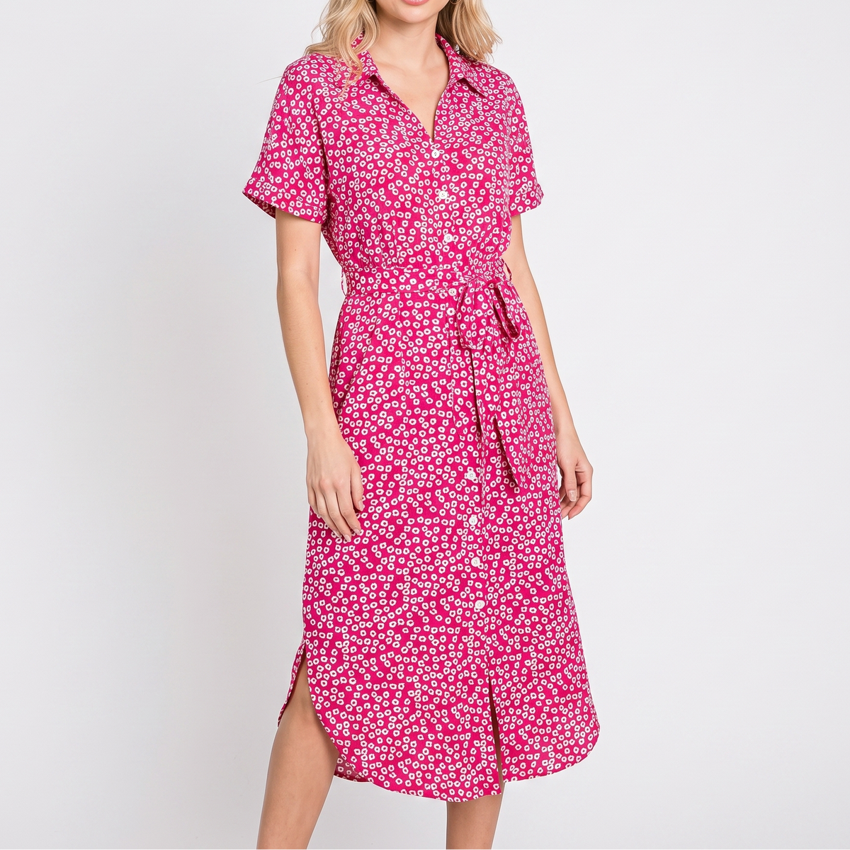 Women's Floral Shirt Dress Button Front Short Sleeve Tie Waist Midi
