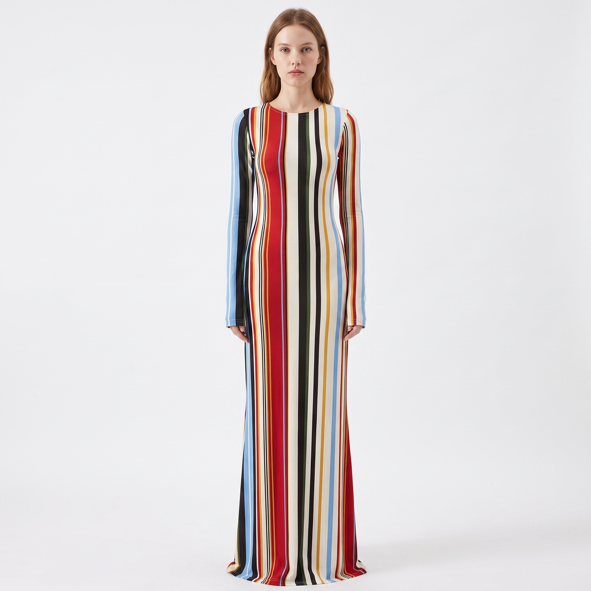 Women's Vertical Stripe Long Sleeve Maxi Dress Fitted Bodycon