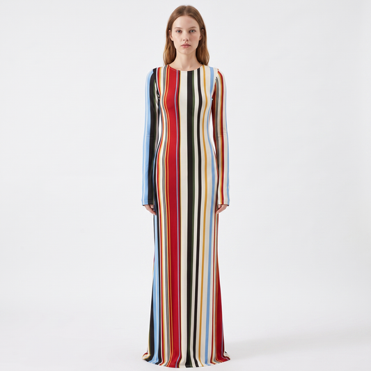 Women's Vertical Stripe Long Sleeve Maxi Dress Fitted Bodycon