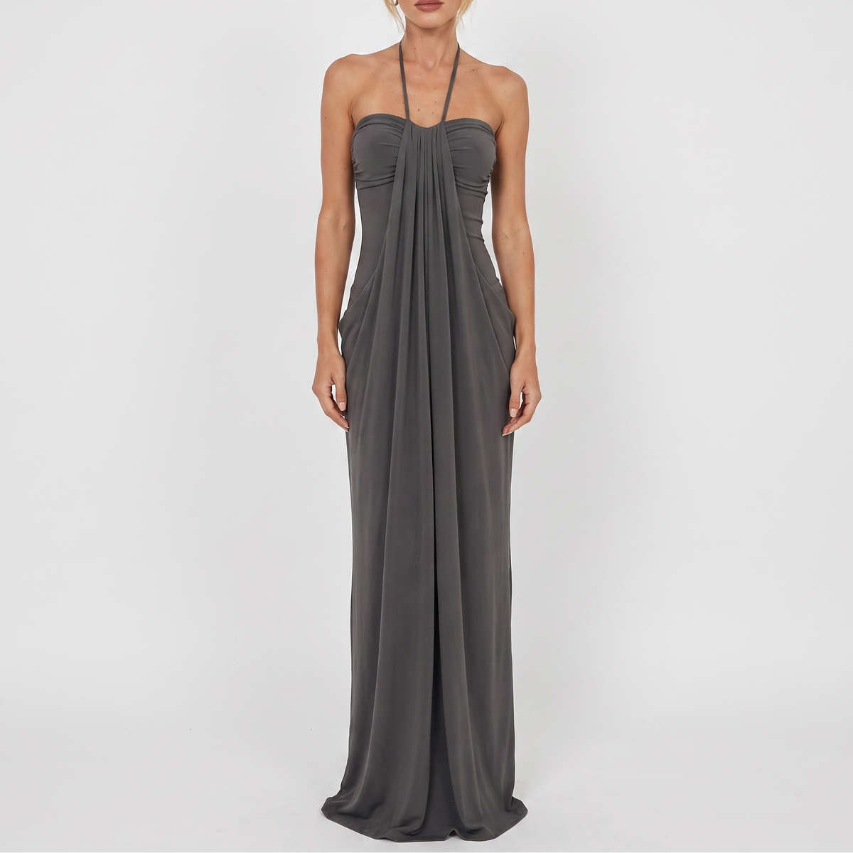 Women's Halter Neck Ruched Draped Maxi Dress