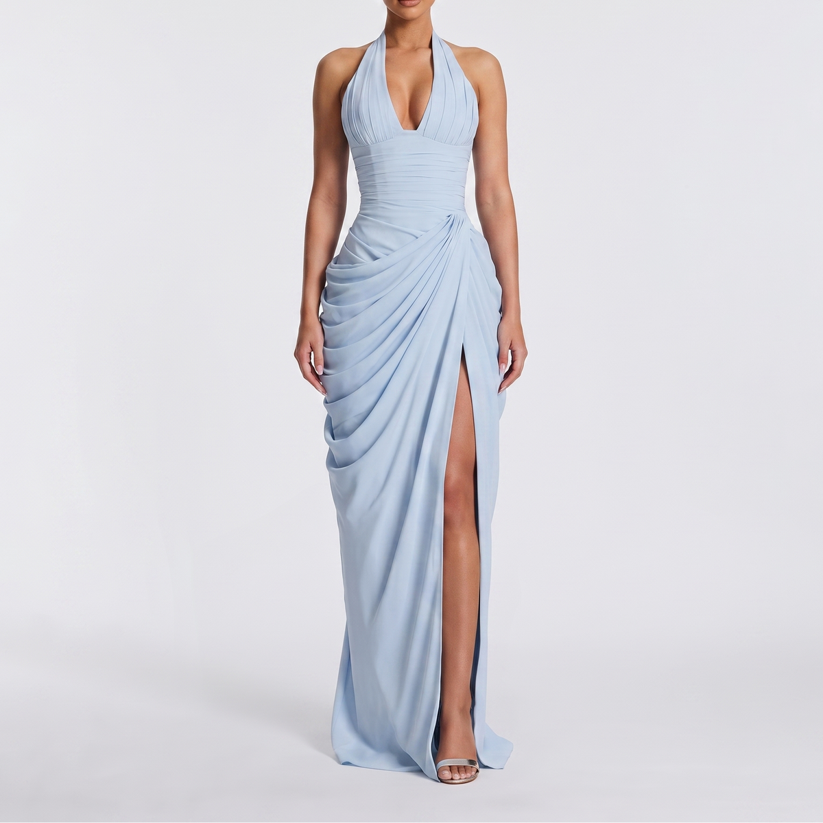 Women's Halter Neck Ruched Maxi Dress with High Slit