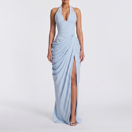 Women's Halter Neck Ruched Maxi Dress with High Slit