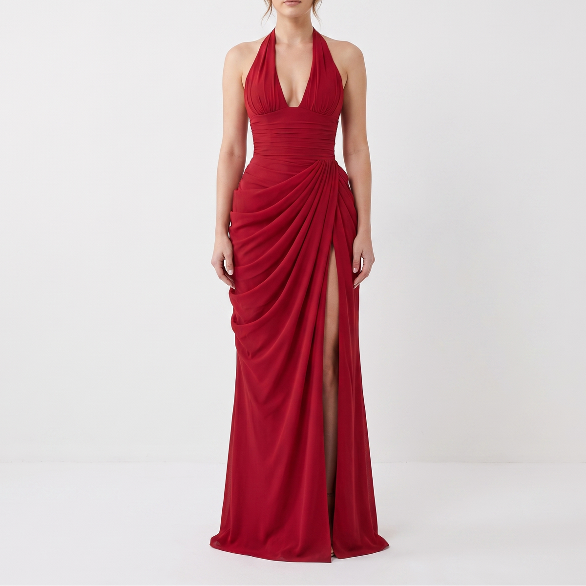 Women's Halter Neck Ruched Maxi Dress with High Slit